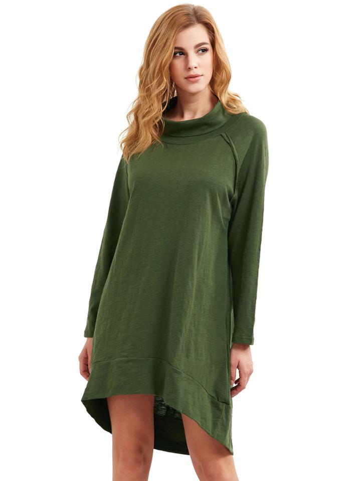 Romwe Green Blue Cowl Neck Long Sleeve High Low Dress