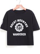 Romwe Round Neck Letters Print Black T-shirt
