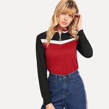 Romwe Quarter Zip Color Block Tee