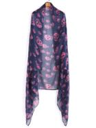 Romwe Navy Tone Pink Skull Print Voile Scarf