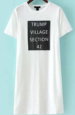 Romwe Letter Print Long White T-shirt