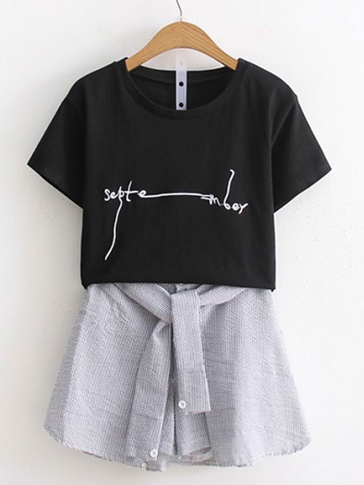 Romwe Crop Tee With Knot Front Skirt Shorts