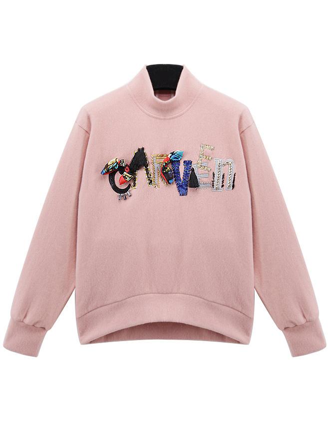 Romwe Pink High Neck Letters Embroidered Loose Sweatshirt