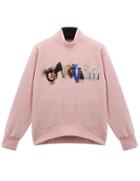 Romwe Pink High Neck Letters Embroidered Loose Sweatshirt