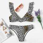 Romwe Leopard Ruffle Top With Low Rise Bikini Set