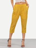 Romwe Yellow Elastic Waist Hollow Out Lace Pants
