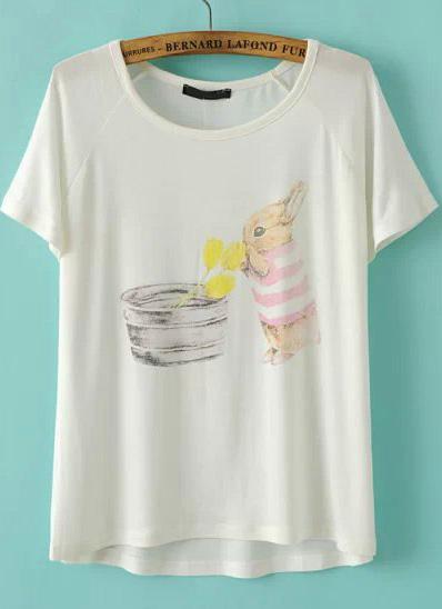 Romwe Beige Short Sleeve Rabbit Print T-shirt