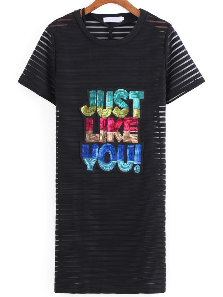 Romwe With Sequined Letter Pattern Overlay Dress