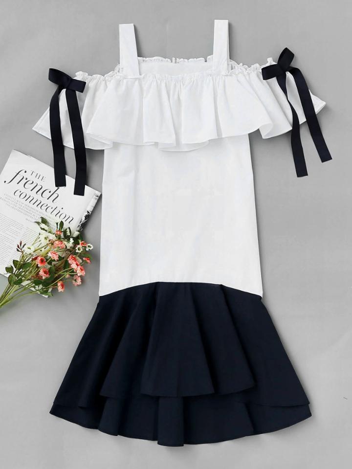Romwe Open Shoulder Layered Frill Dip Hem Dress