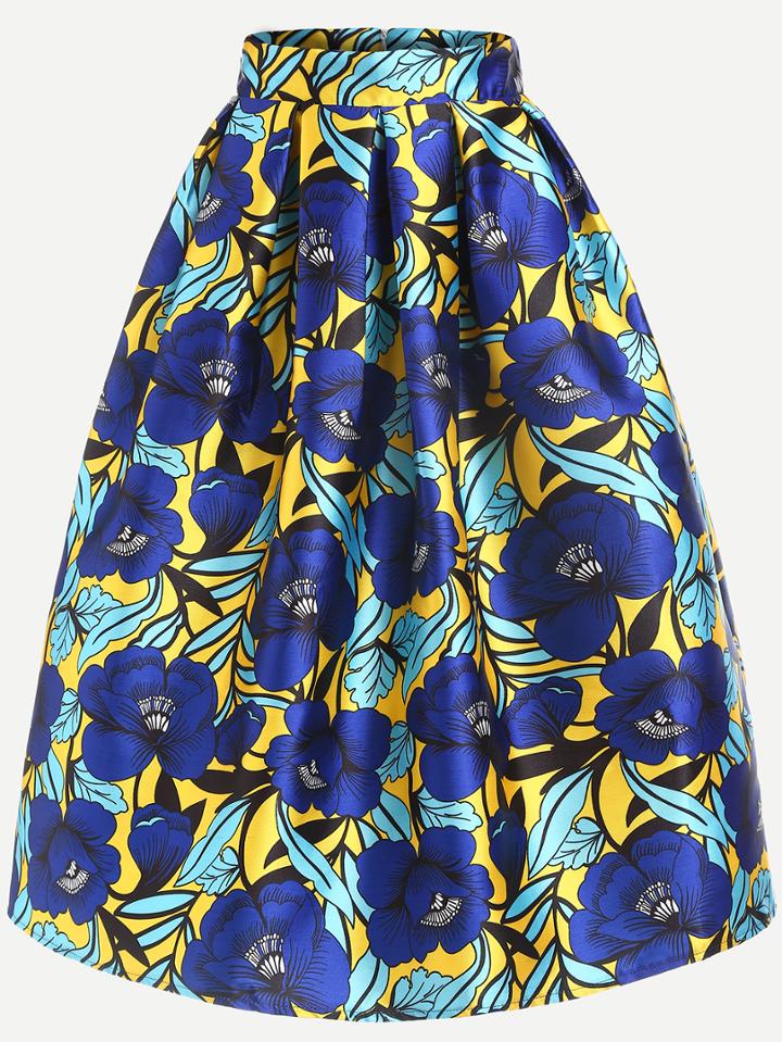 Romwe Flower Print Box Pleated Midi Skirt - Blue