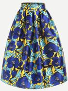 Romwe Flower Print Box Pleated Midi Skirt - Blue