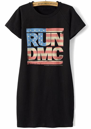 Romwe Black Short Sleeve Rundmc Print Slim Dress