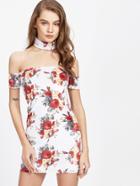 Romwe White Rose Print Off The Shoulder Dress With Choker