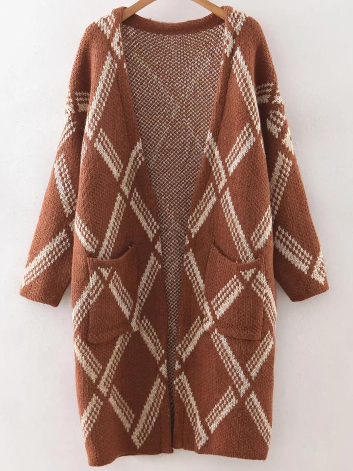 Romwe Khaki Geometric Print Collarless Pocket Long Cardigan