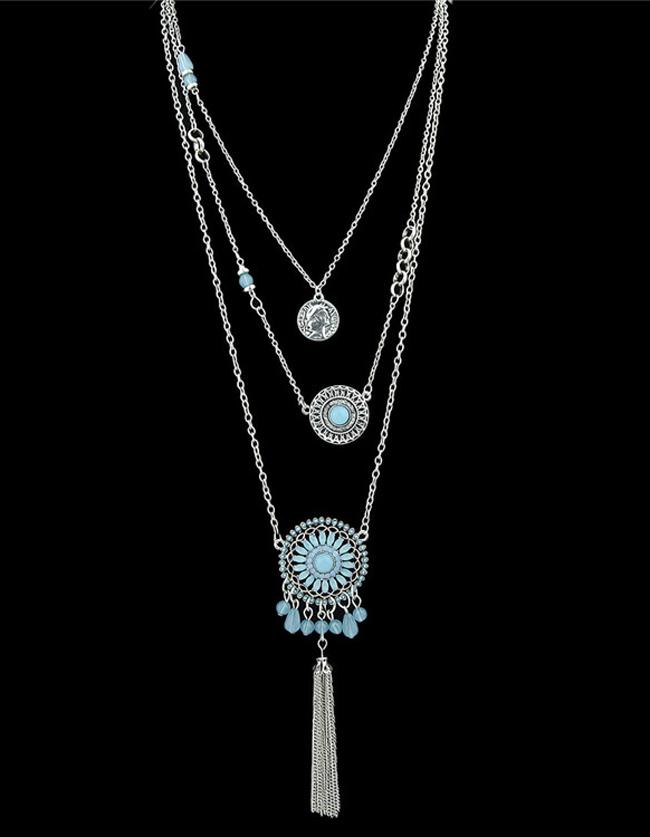 Romwe Blue Gemstone Multilayers Pendants Necklace