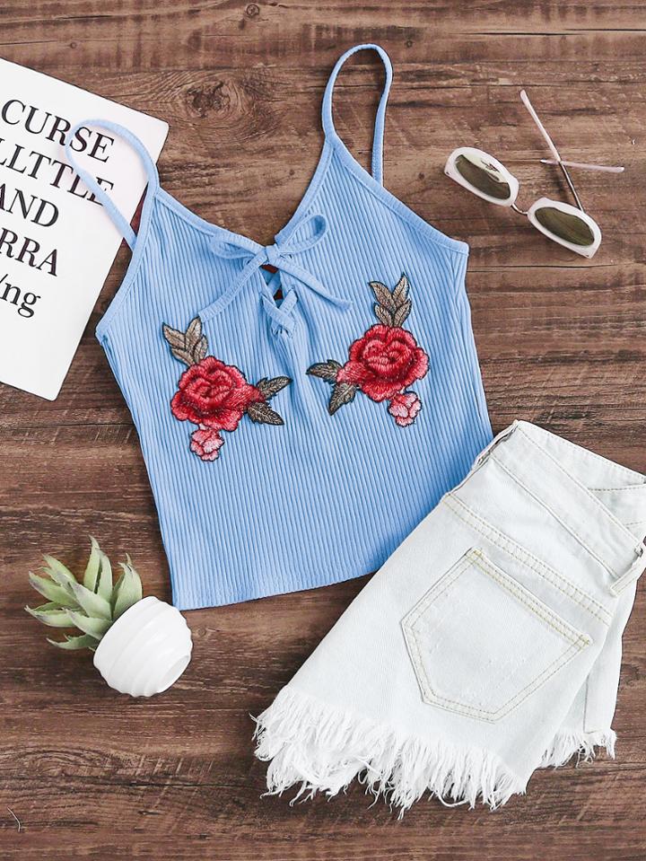Romwe Rose Embroidered Applique Lace Up Ribbed Cami Top