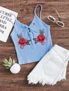 Romwe Rose Embroidered Applique Lace Up Ribbed Cami Top