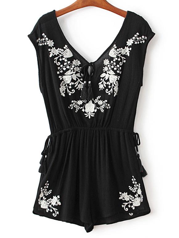 Romwe Black V Neck Embroidery Tassel Siamese Trousers