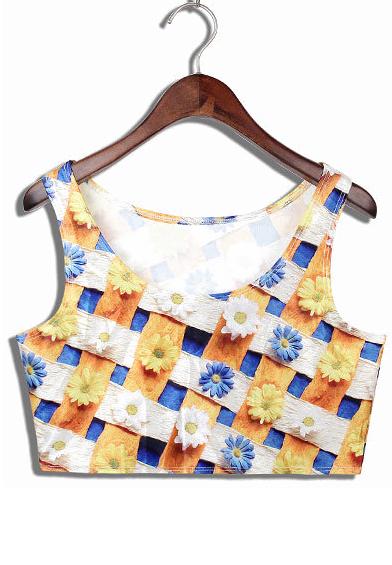 Romwe Multicolor Scoop Neck Floral Crop Vest