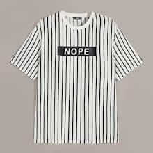 Romwe Guys Letter Print Short Sleeve Striped Tee