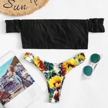 Romwe Off-shoulder Top With Sunflower High Leg Bikini
