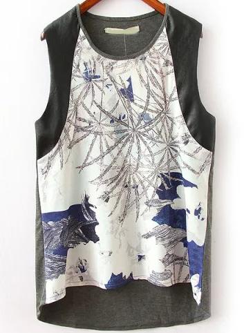 Romwe Grey Sleeveless Floral Slim T-shirt
