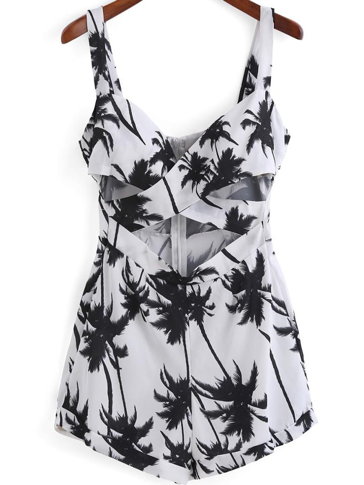 Romwe White Spaghetti Strap Coconut Tree Print Navel Jumpsuit