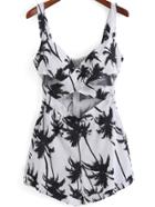 Romwe White Spaghetti Strap Coconut Tree Print Navel Jumpsuit