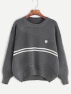 Romwe Grey Drop Shoulder Striped Trim Ribbed Sweater