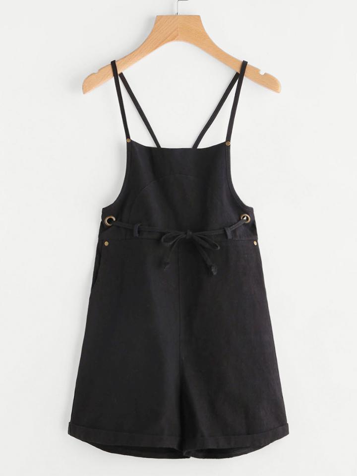 Romwe Criss Cross Back Metal Eyelet Overall Shorts