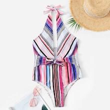 Romwe Striped Low Back Halter One Piece Swim