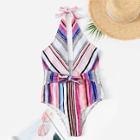 Romwe Striped Low Back Halter One Piece Swim