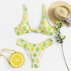 Romwe Plus Knot Front Lemon Print Bikini Set