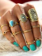 Romwe Multi Shaped Ring Set With Turquoise