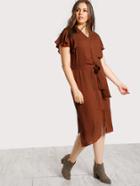 Romwe Self Tie Side Slit Shirt Dress