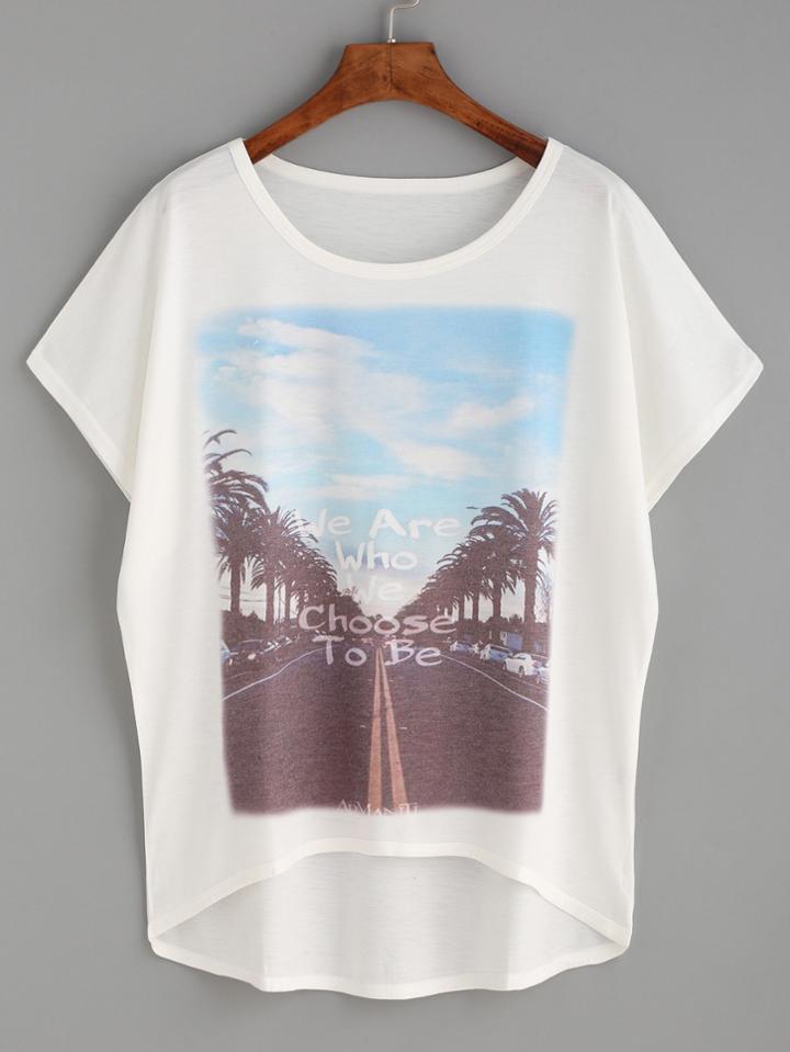 Romwe White Graphic Print High Low T-shirt