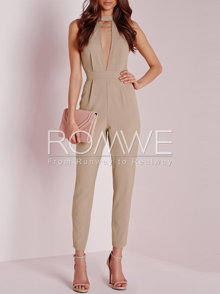 Romwe Light Coffee Mock Neck Cut Out Backless Jumpsuit