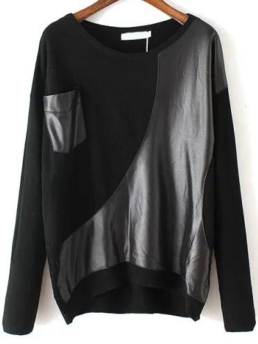 Romwe Contrast Pu Pocket Black Sweater
