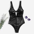 Romwe Metallic Cut-out Plunge One Piece Swimsuit