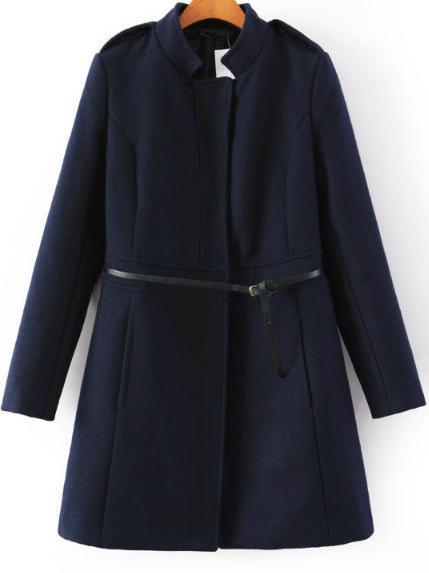 Romwe Navy Belted Coat With Shoulder Strap