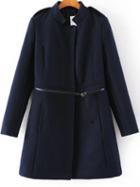 Romwe Navy Belted Coat With Shoulder Strap