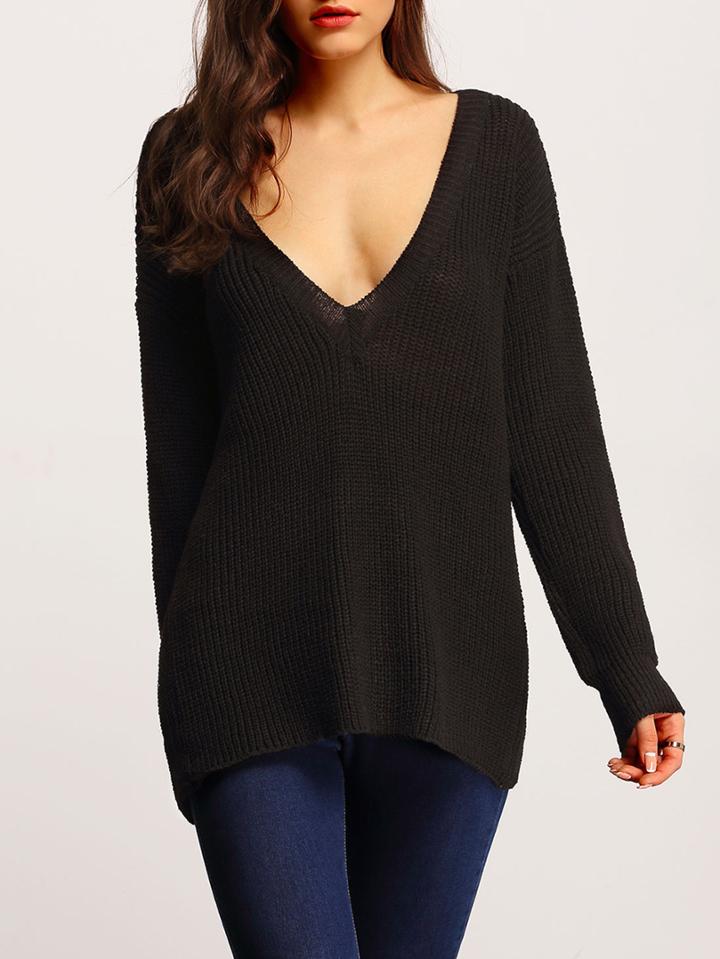 Romwe Black Long Sleeve Backless Loose Sweater