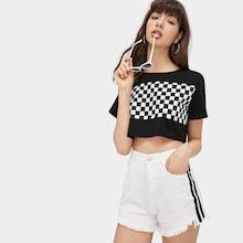 Romwe Checkerboard Panel Crop Tee