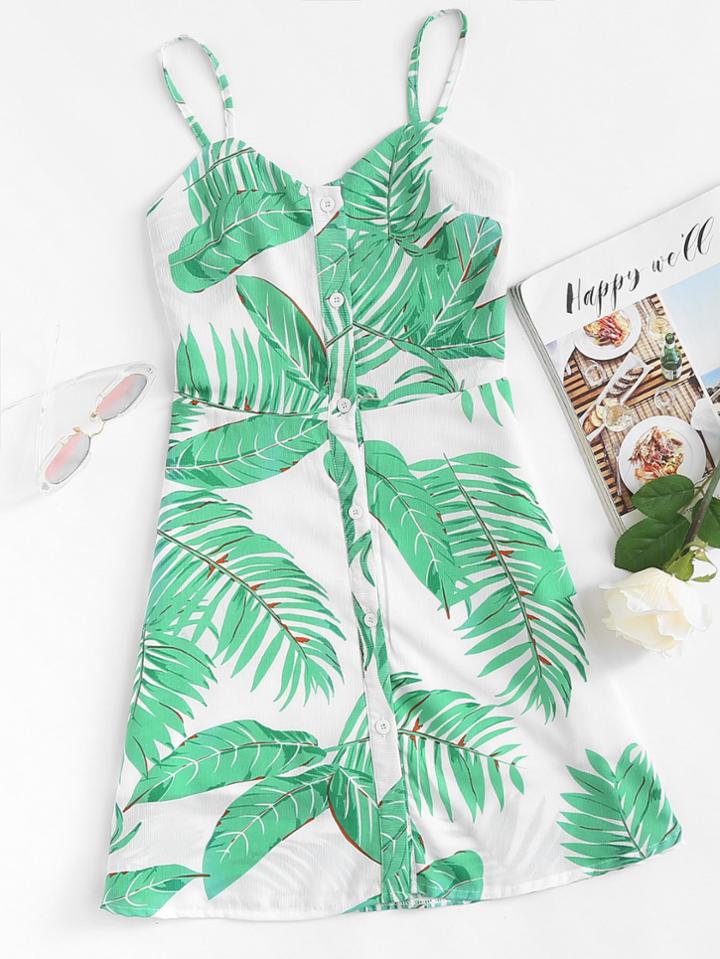Romwe Tropic Print Single Breasted Cami Dress