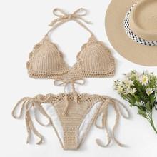 Romwe Scalloped Trim Crochet Tie Side Bikini Set