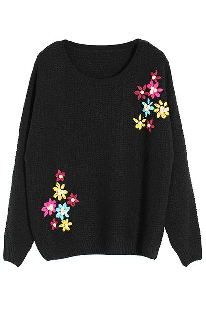 Romwe Flower Stitching Black Jumper