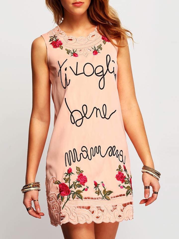 Romwe Sleeveless Florasl Embroidered Pink Tshirt Dress