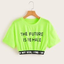Romwe Neon Green Letter Print Tape Crop Tee