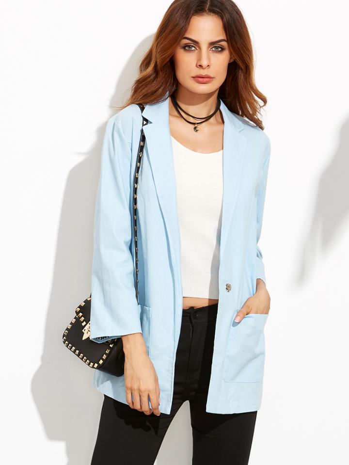 Romwe Sky Blue Notch Lapel Blazer