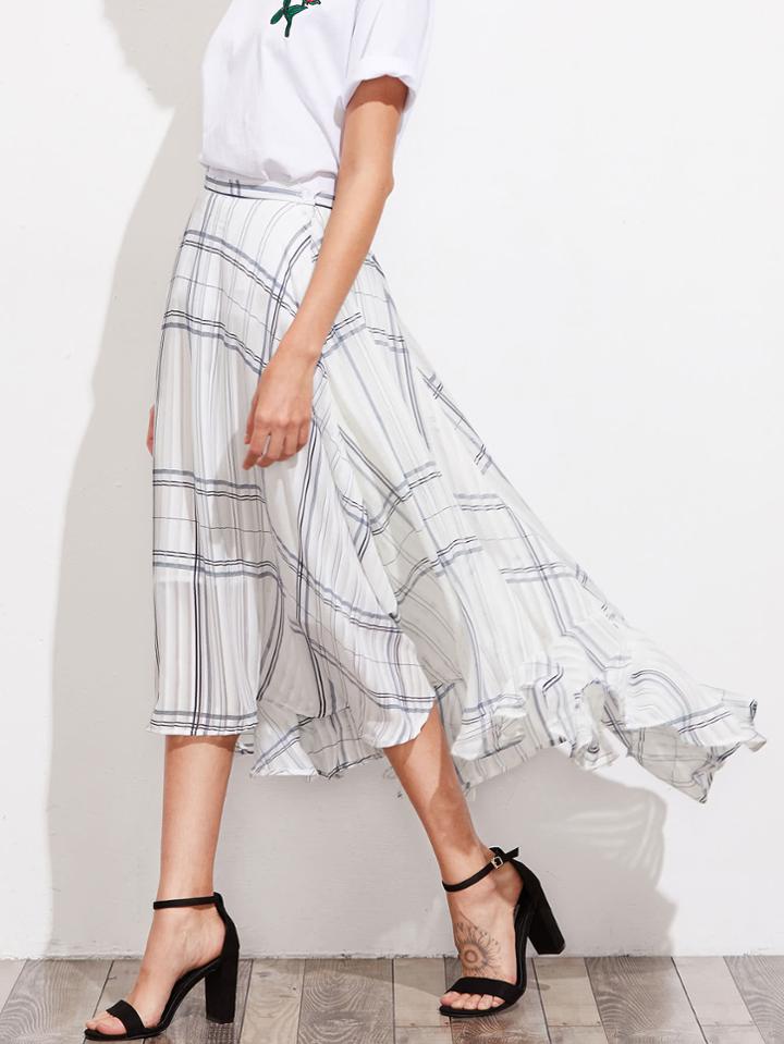 Romwe Grid Asymmetrical Hem Skirt